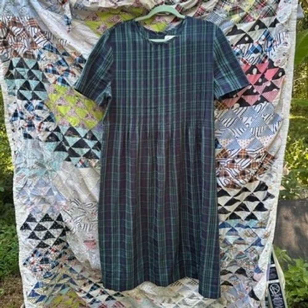 Vintage 90s Plaid Midi Dress Womens Sz 12 Green Blue Tartan Schoolgirl Aesthetic